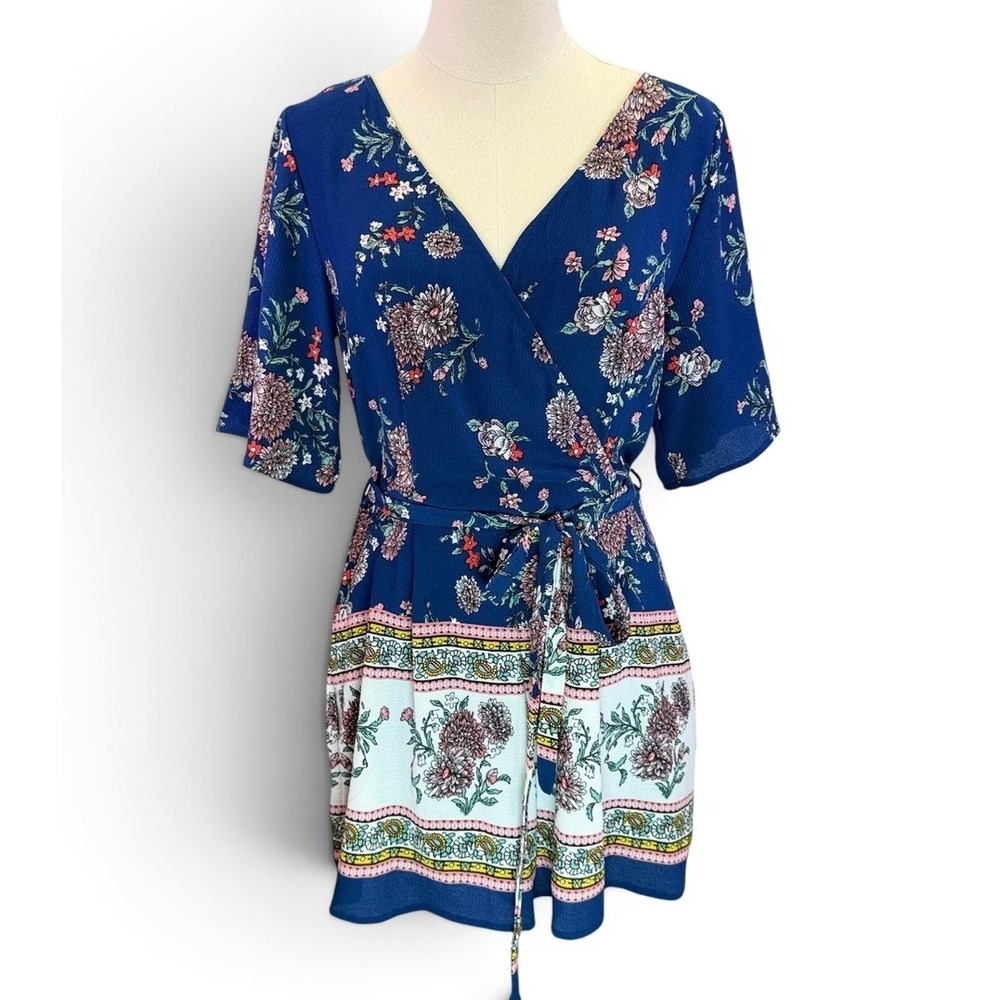Altar'd State Blue Floral V-Neck Tie Waist Romper Womens Size M 26P335RD6D